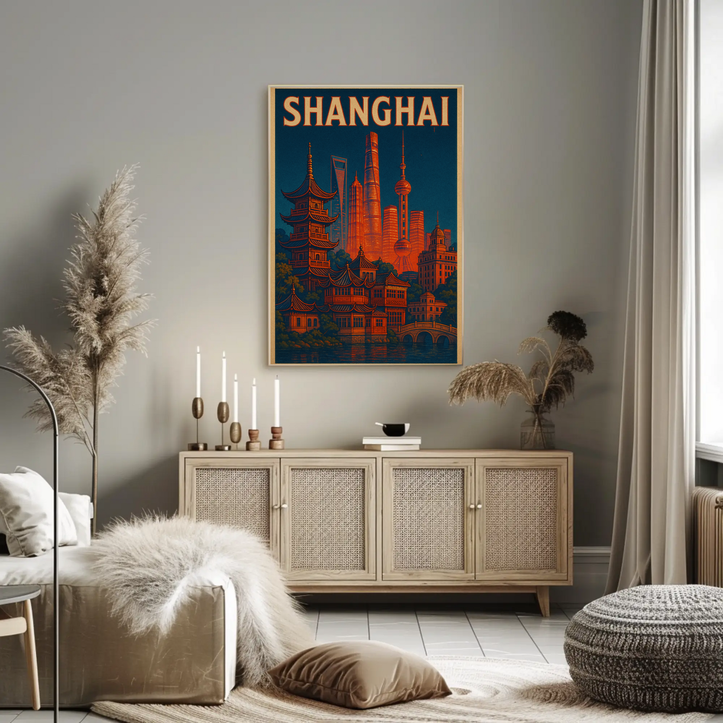 Shanghai Skyline and Pagodas Night Poster
