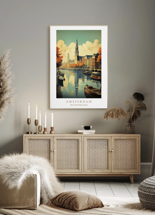 Amsterdam Netherlands Canal Autumn Reflections Travel Poster