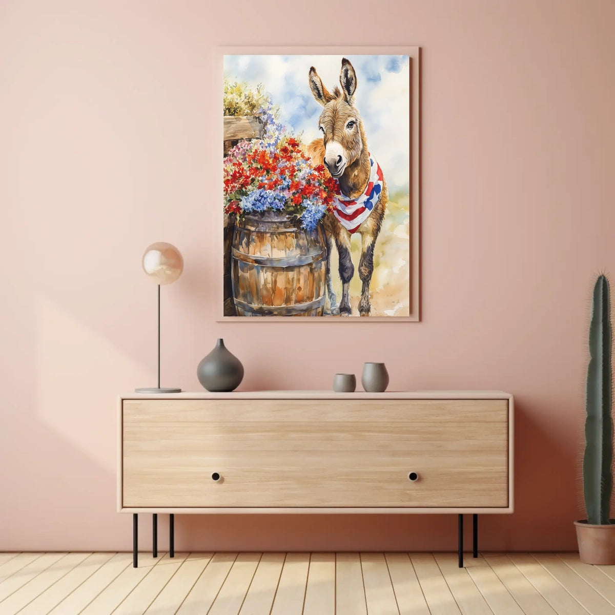 Cheerful Donkey Beside Barrel Surrounded By Flowers Poster