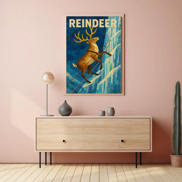 Reindeer Adventure on Icy Cliff Animal Poster