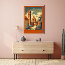 Vibrant Cityscape with Soaring Plane Poster