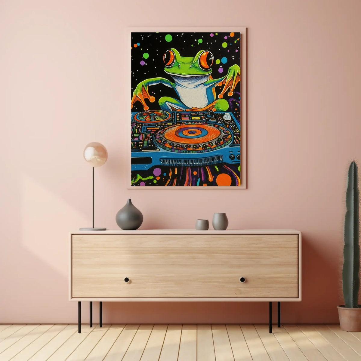 The poster is a vibrant and psychedelic illustration featuring a large, cartoonish frog Travel Poster
