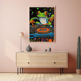 The poster is a vibrant and psychedelic illustration featuring a large, cartoonish frog Travel Poster