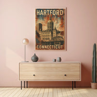 Hartford Connecticut Vintage Architectural Travel Art Deco Retro Eighties Historic Capitol Skyline Civic Pride Poster