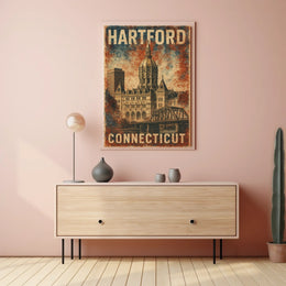 Hartford Connecticut Vintage Architectural Travel Art Deco Retro Eighties Historic Capitol Skyline Civic Pride Poster