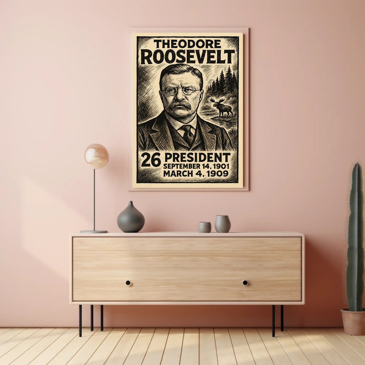 Theodore Roosevelt 26th President of the United States B & W Comic Sketch Poster