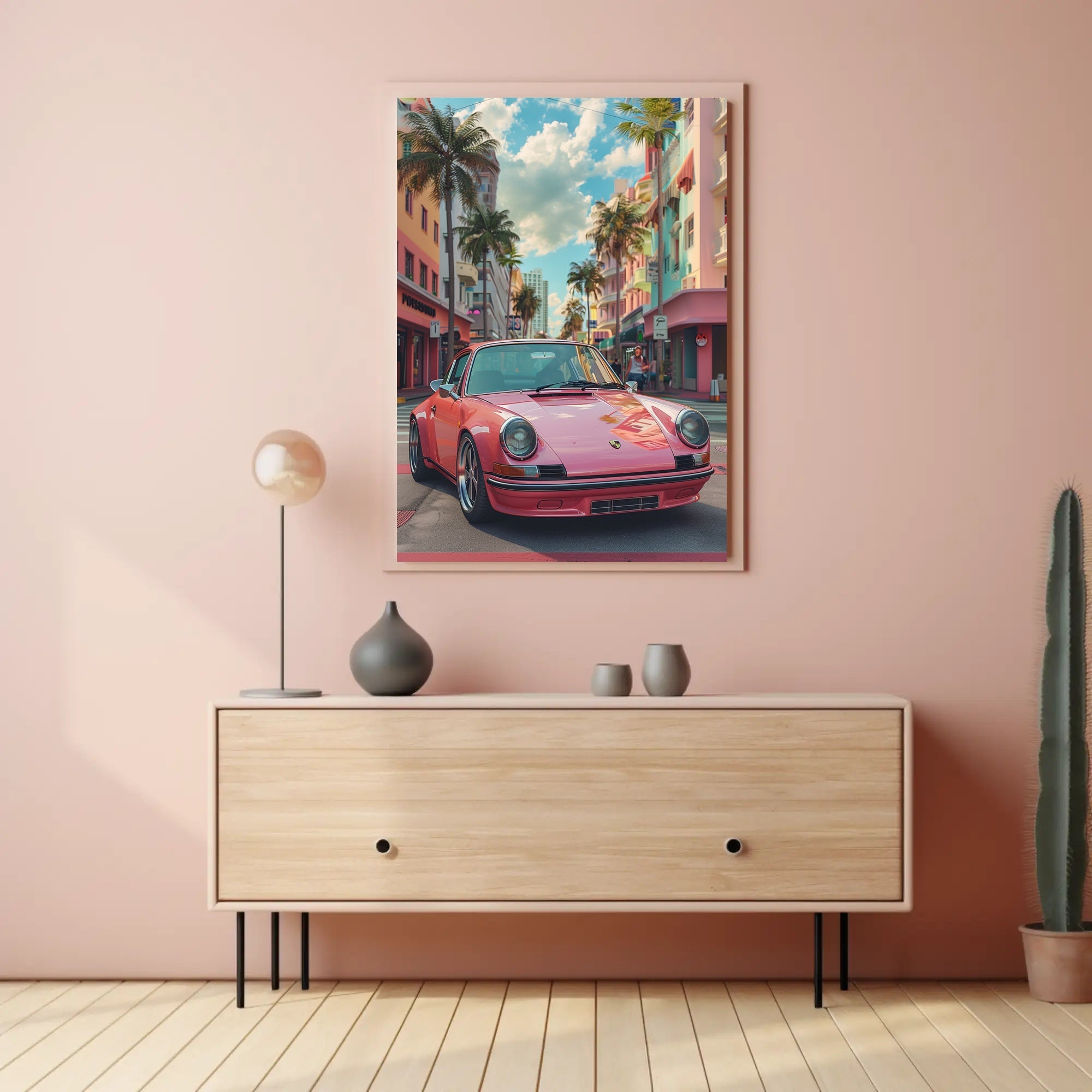Vintage Car in Vibrant Cityscape Art Poster Print PosterGoat