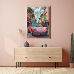 Vintage Car in Vibrant Cityscape Art Poster Print PosterGoat