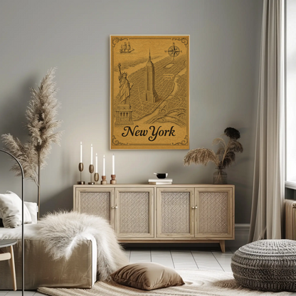 New York Old Map Empire State Statue Central Park Travel Poster