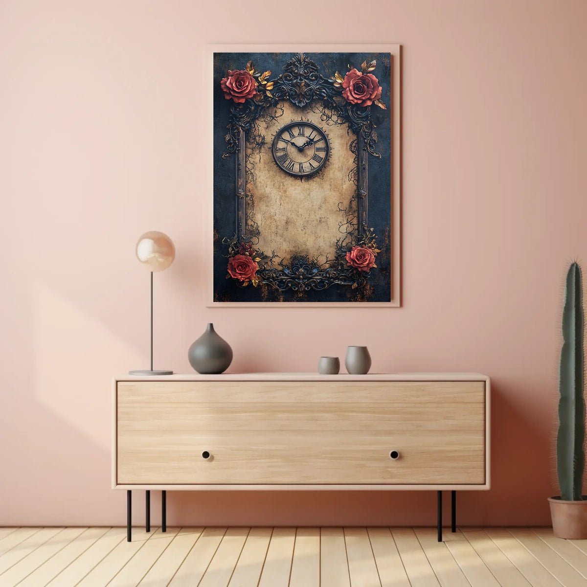 Vintage Clock and Roses: Baroque Victorian Heritage Poster