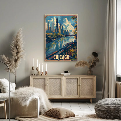 Chicago Train City Buildings Waterfront Skyline Travel Poster