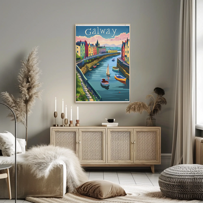 Galway Harbor Boats Colorful Sunset Travel Poster