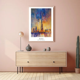 Dubai Skyline Modern Abstract Watercolor Urban or Cityscape Poster PosterGoat