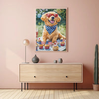 Golden Retriever Puppy On White Picnic Blanket Poster