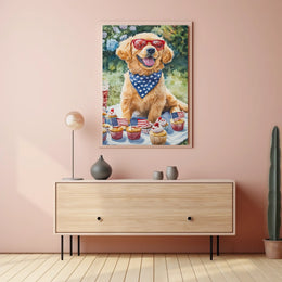Golden Retriever Puppy On White Picnic Blanket Poster