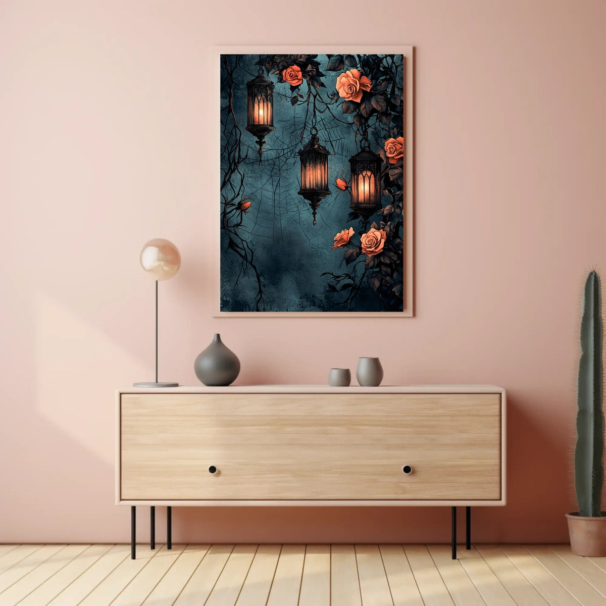The poster displays a gothic and romantic theme. Three ornately designed lanterns emit Travel Poster