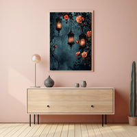 The poster displays a gothic and romantic theme. Three ornately designed lanterns emit Travel Poster