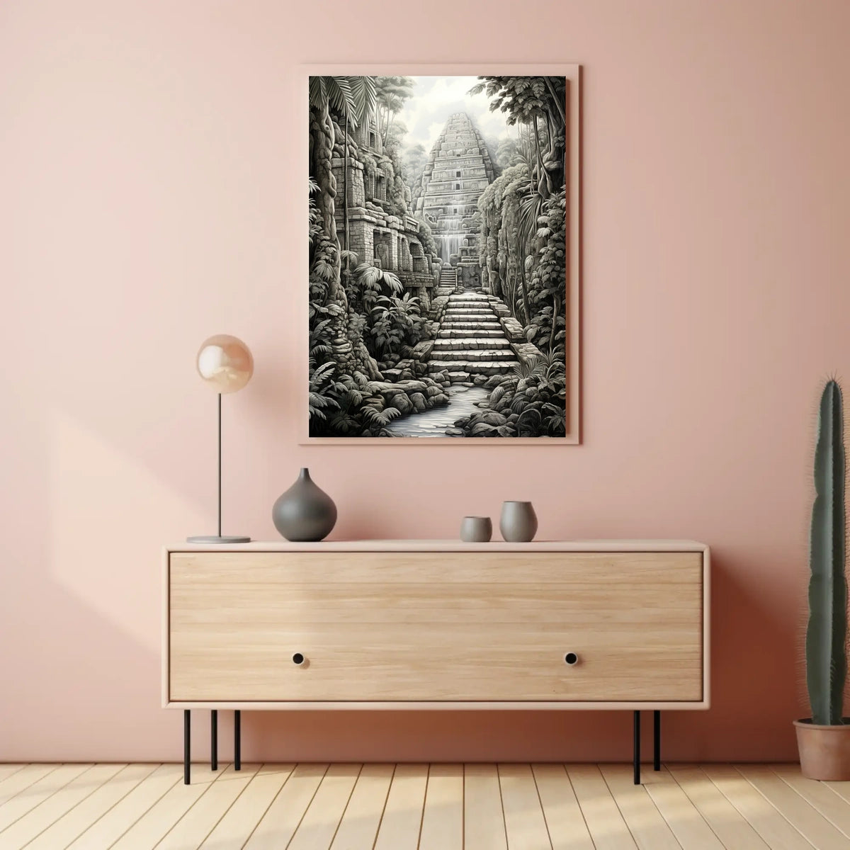 Ancient Jungle Pyramid Landscape Art: Cultural or Heritage Poster