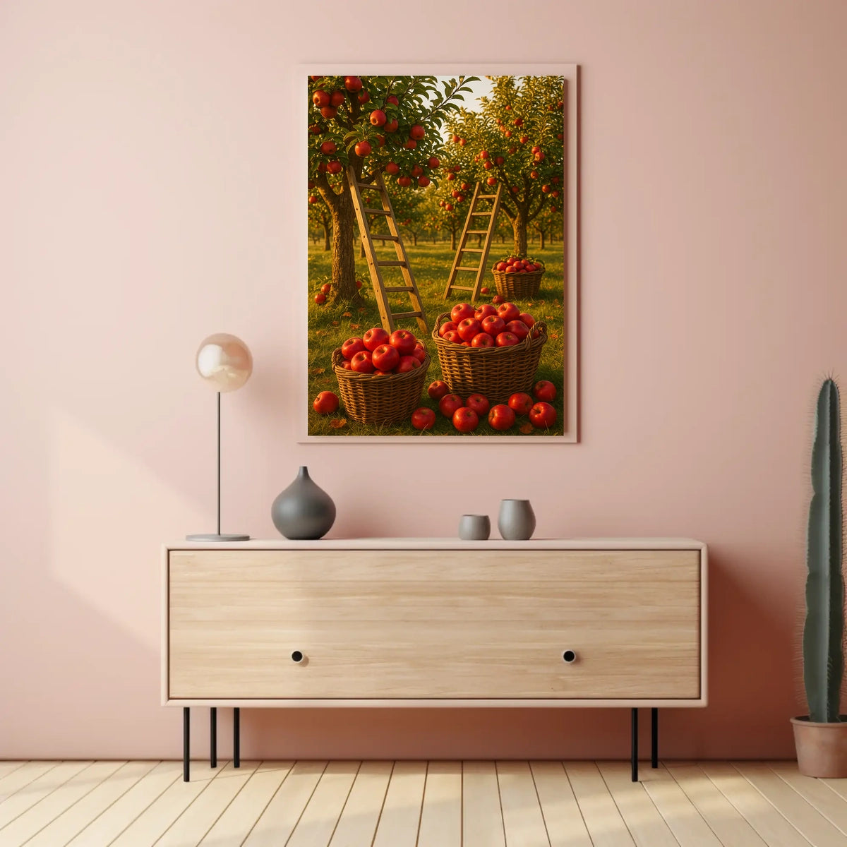 Serene Orchard Apple Harvest Photorealistic Rural Countryside Rustic Charm Nostalgic Farm Sunset Warmth Poster