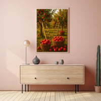 Serene Orchard Apple Harvest Photorealistic Rural Countryside Rustic Charm Nostalgic Farm Sunset Warmth Poster