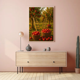 Serene Orchard Apple Harvest Photorealistic Rural Countryside Rustic Charm Nostalgic Farm Sunset Warmth Poster
