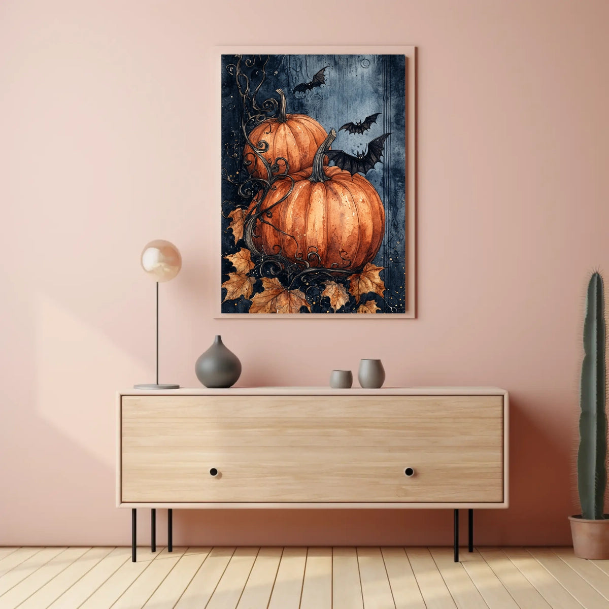 Stylized Halloween Pumpkins with Bats Decorative Art Poster