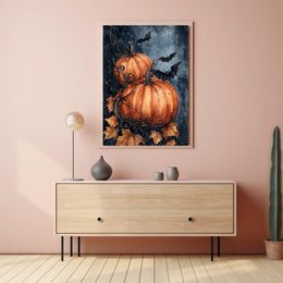 Stylized Halloween Pumpkins with Bats Decorative Art Poster