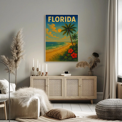 Florida Beach Palm Trees Hibiscus Flowers Travel Poster