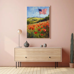 peaceful field of poppies with one large American flag Poster