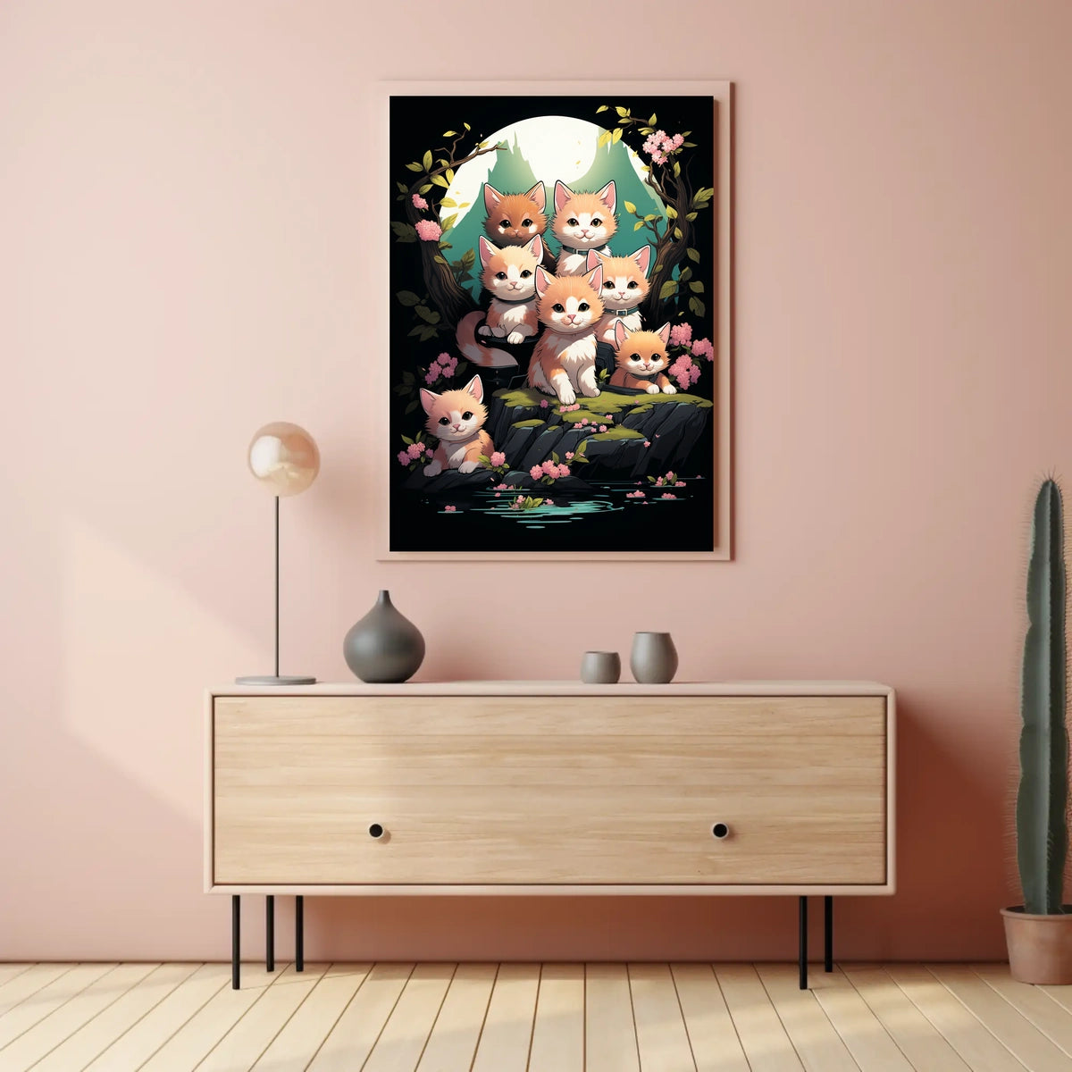 Whimsical Kittens Moonlit Fantasy Nature Art Poster