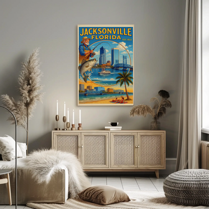 Jacksonville Florida Fishing Bridge Skyline Travel Poster