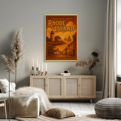 Greetings From Rhode Island Coastal Vintage Lighthouse Travel Poster Travel Poster