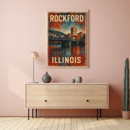 Rockford Illinois Retro Bridge Cityscape Collectors Poster