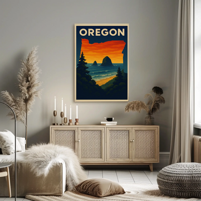 Oregon Coastal View Sunset Forest Travel Poster