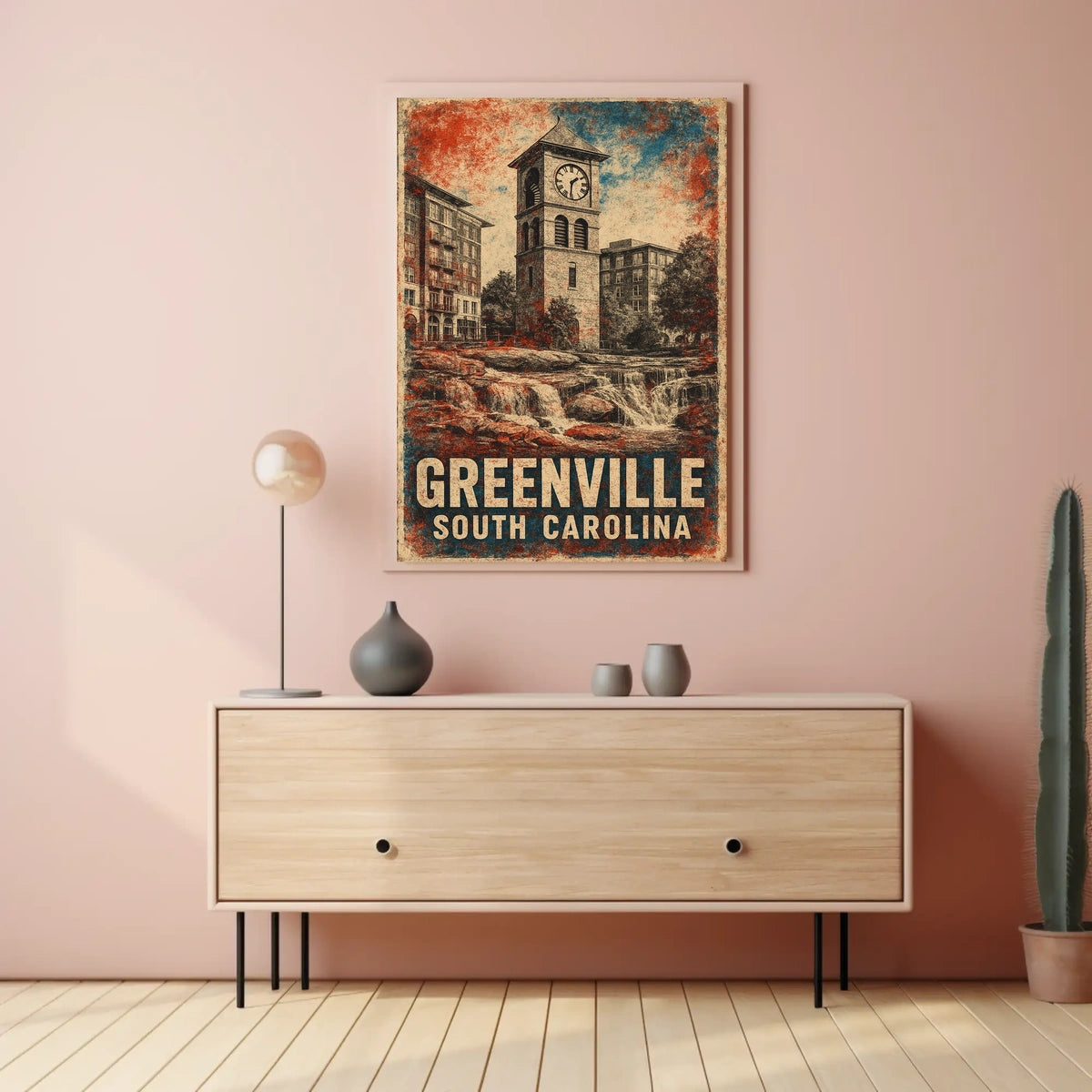 Greenville Clock Tower Vintage Heritage Cityscape Poster