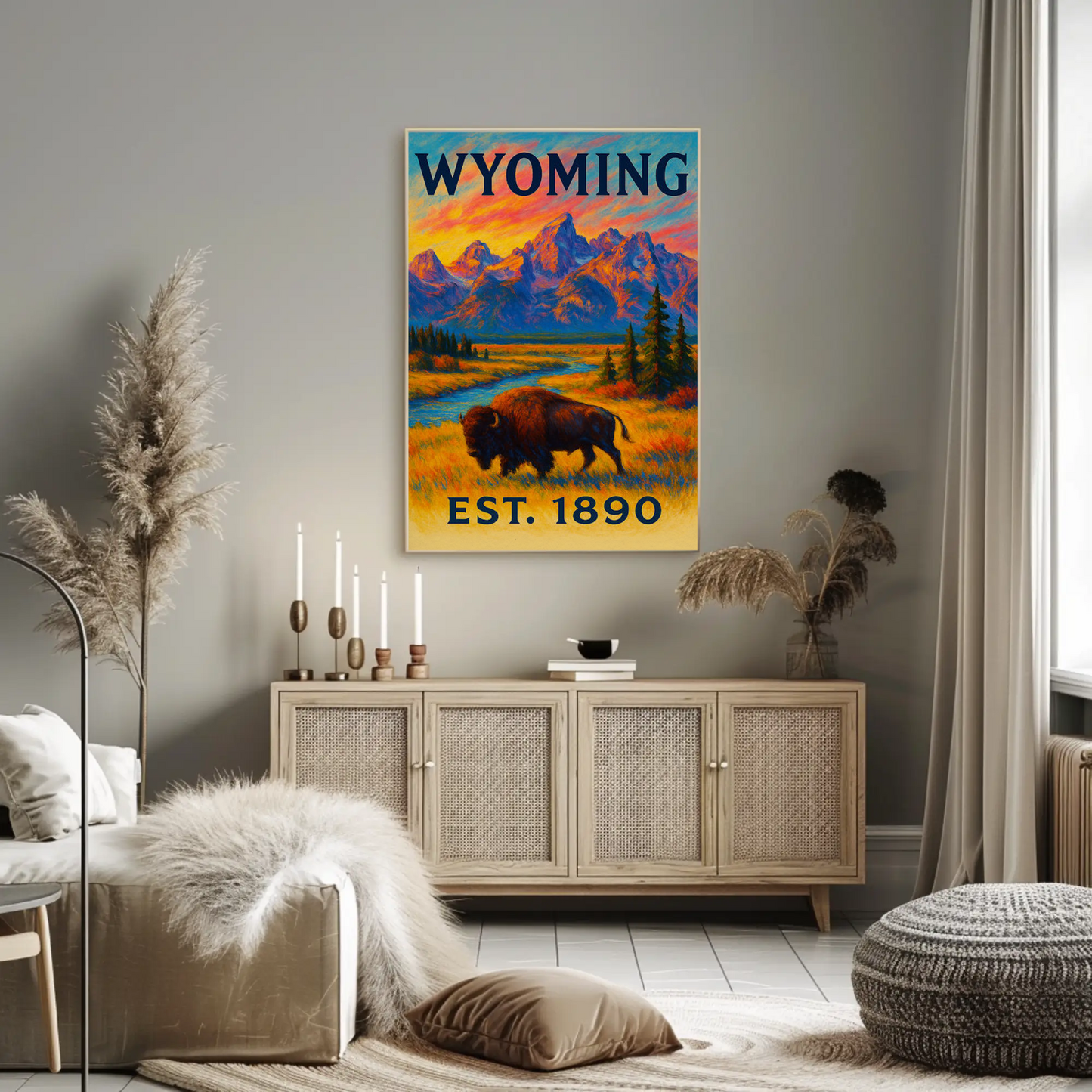 Wyoming Bison Mountains Sunset Vibrant Scenic Travel Poster