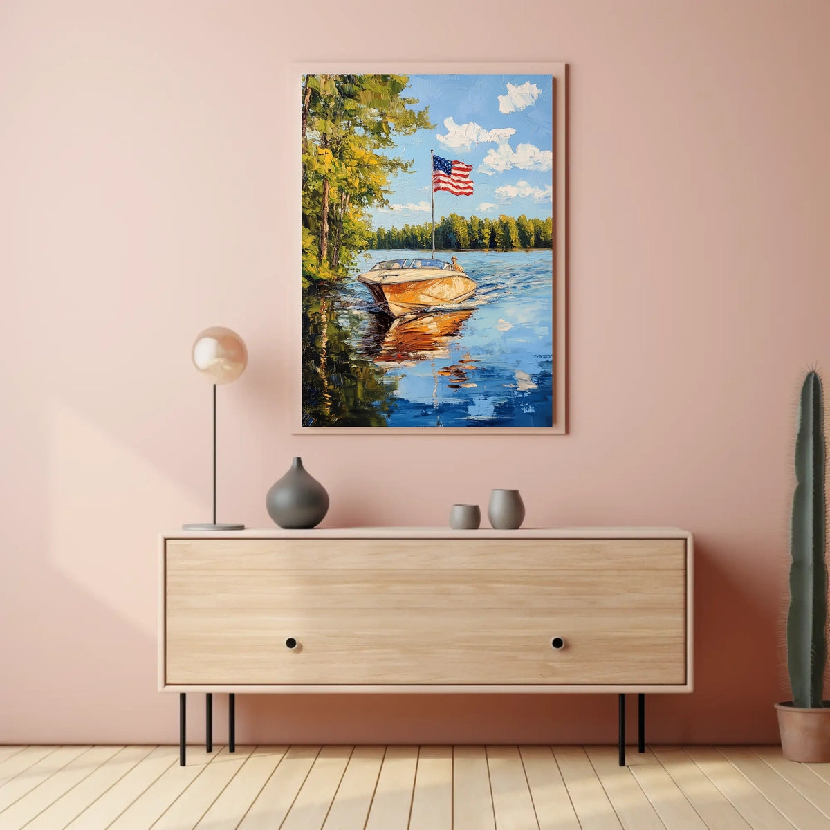 Boat On A Calm Lake With American Flag Scenic Poster