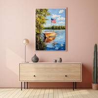 Boat On A Calm Lake With American Flag Scenic Poster
