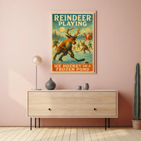 Festive Reindeer Ice Hockey Vintage Fantasy or Mythology Poster