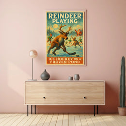 Festive Reindeer Ice Hockey Vintage Fantasy or Mythology Poster