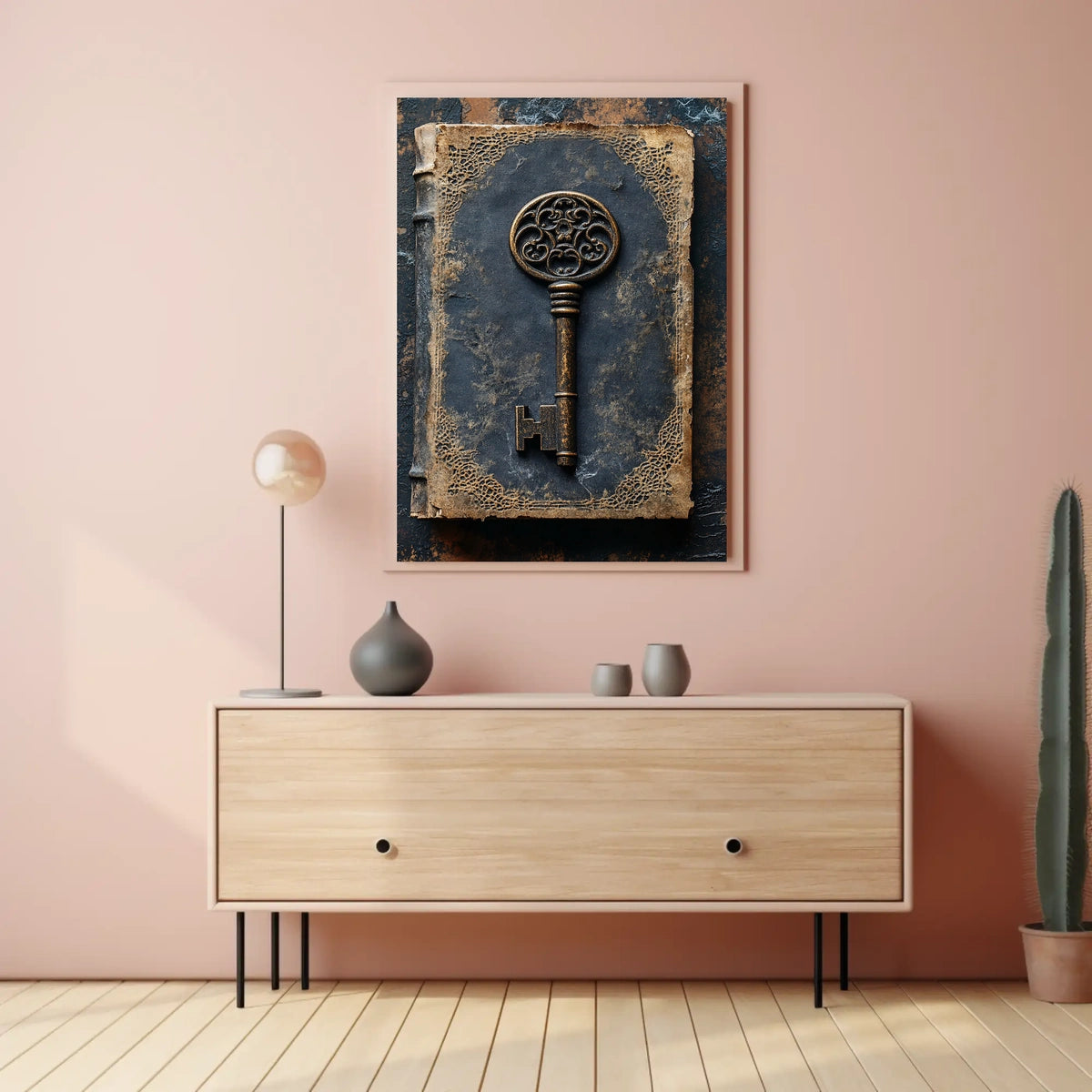 Antique Ornate Key on Aged Book Cultural Heritage Poster