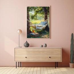 Relaxing Outdoor Hammock Between Trees With Books Poster