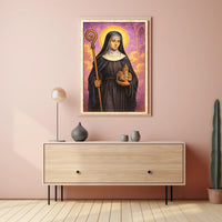 Saintly Figure with Church Model Poster PosterGoat