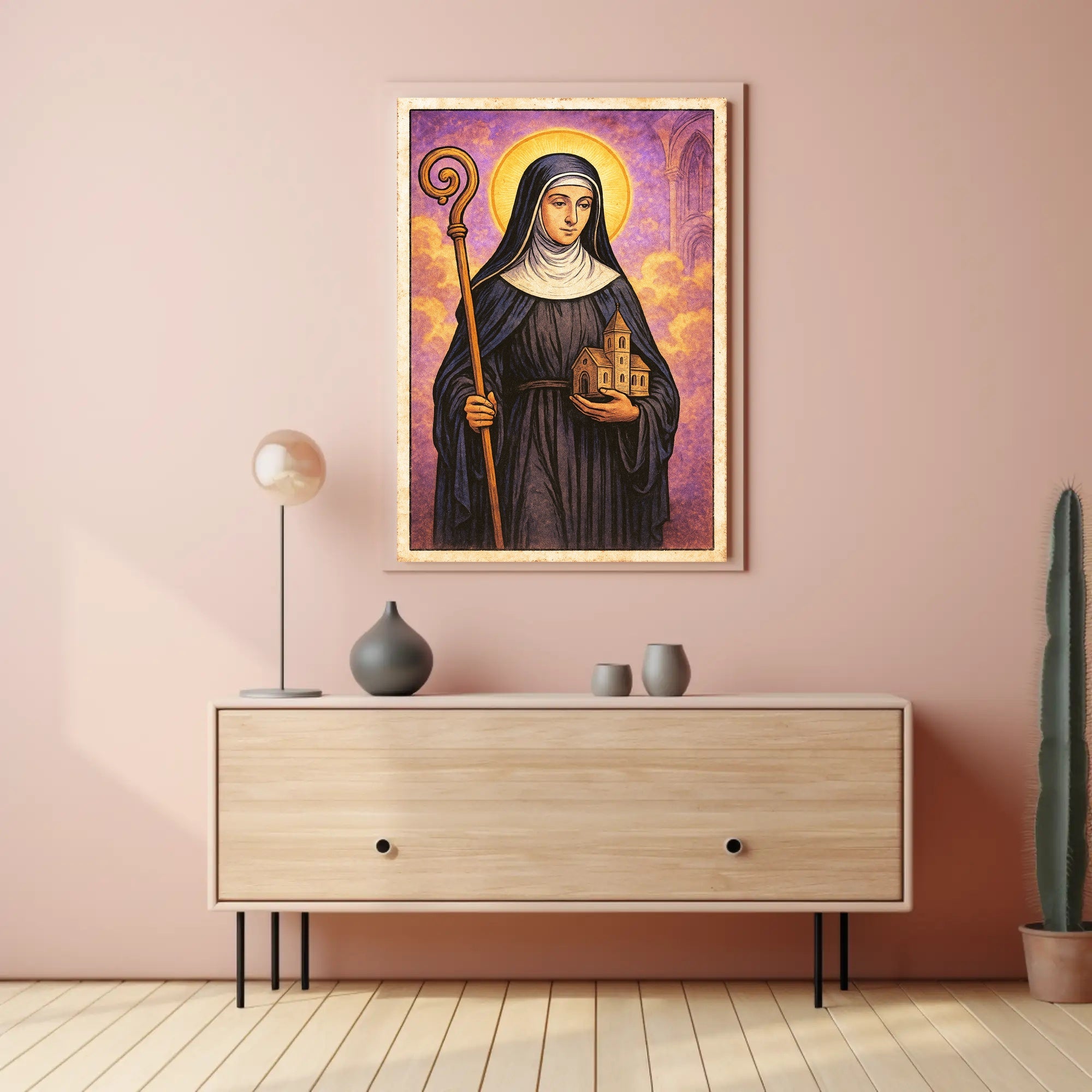 Saintly Figure with Church Model Poster PosterGoat