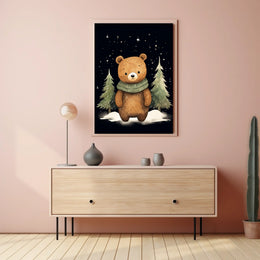 Whimsical Bear Winter Night Scene Art Poster