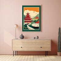 Title: Serene Asian Landscape with Culinary Fusion Poster