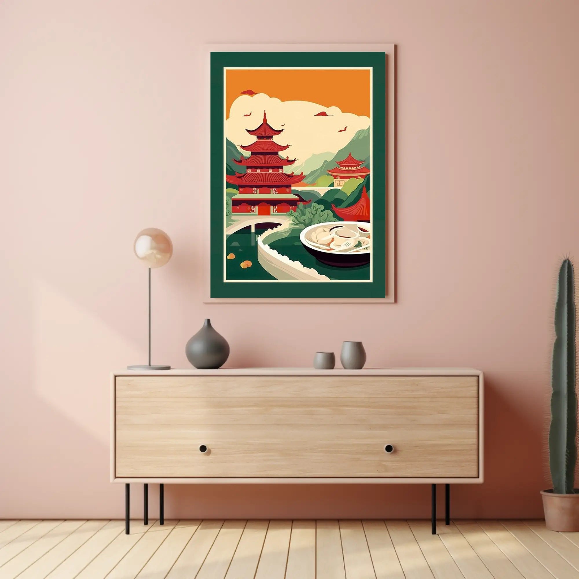 Title: Serene Asian Landscape with Culinary Fusion Poster
