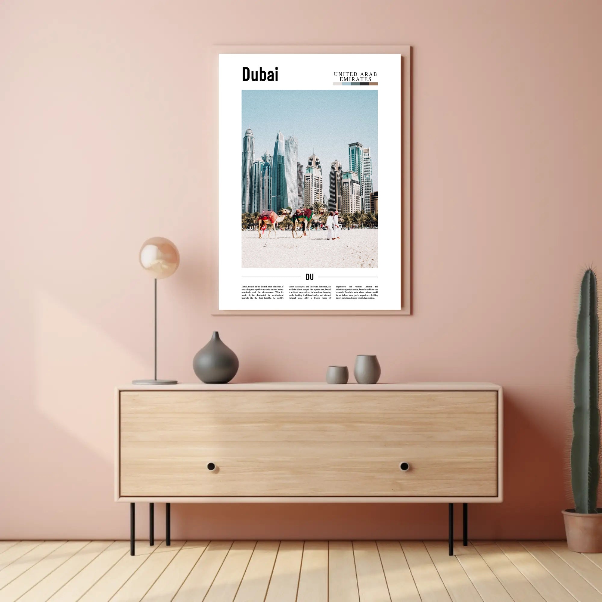 Dubai Skyline and Camels Travel Poster PosterGoat