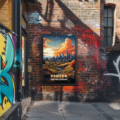 Denver Autumn Meadow Skyline Vintage Travel Poster