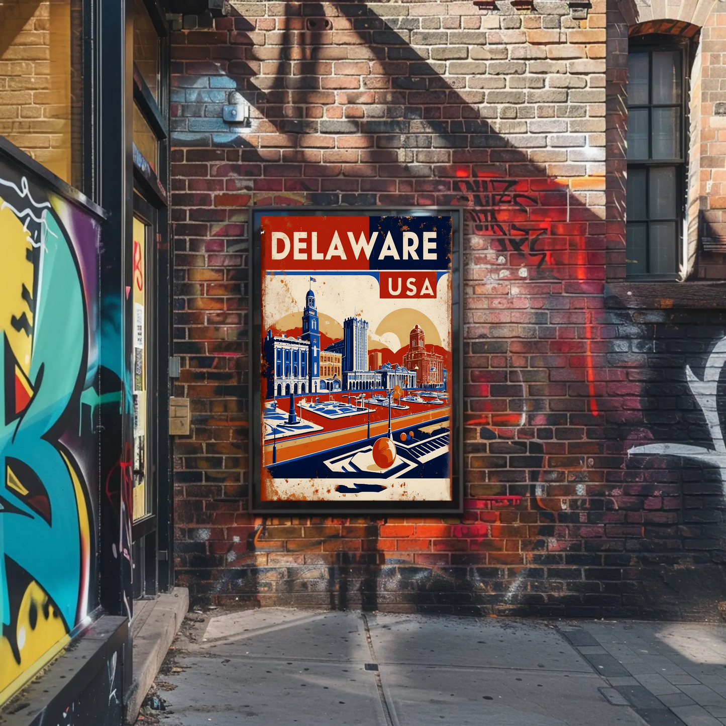 Delaware Waterfront Skyline Retro USA Vintage Maroon Travel Poster